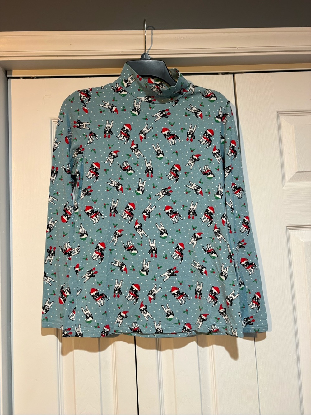 Time and Tru Light Teal Holiday Print Long Sleeve Tee